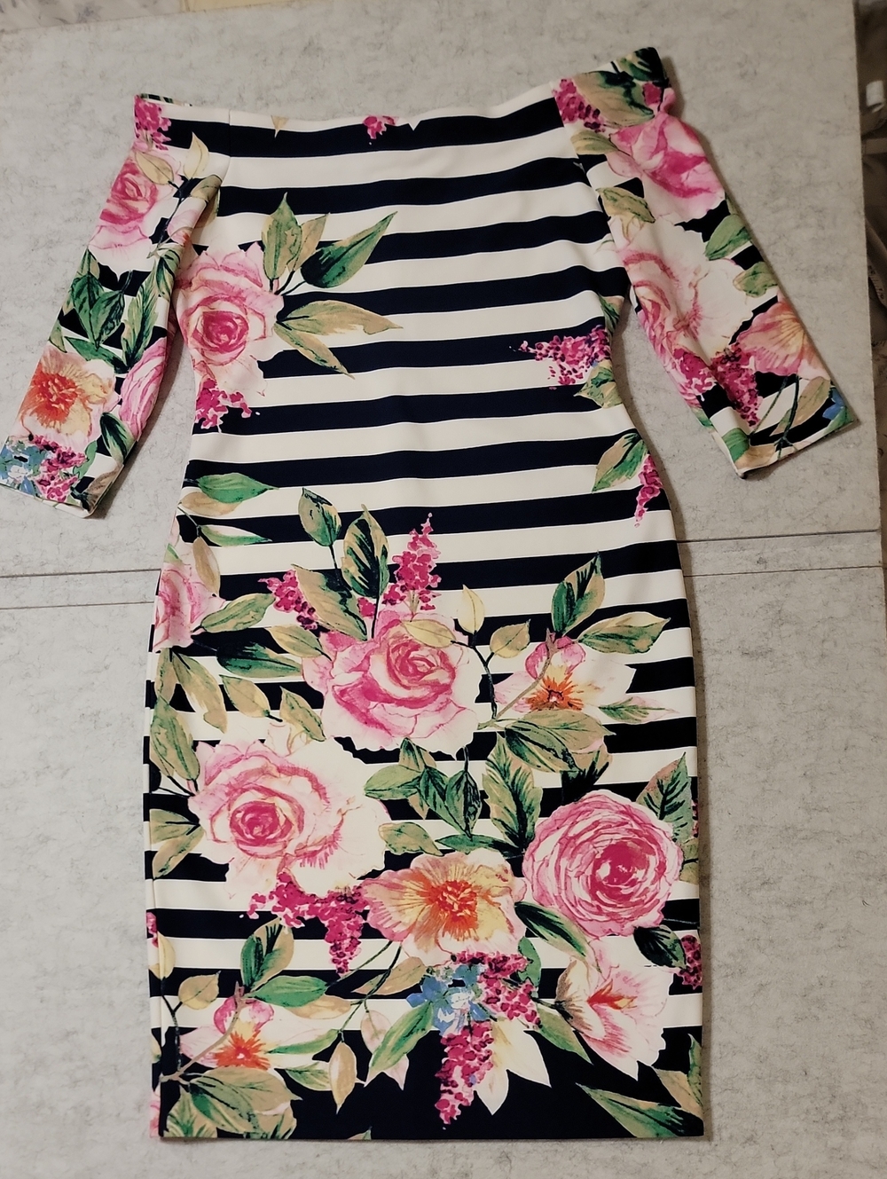 Eliza J Floral Stripe Off The Shoulder Sheath Dress Navy White Size 10
